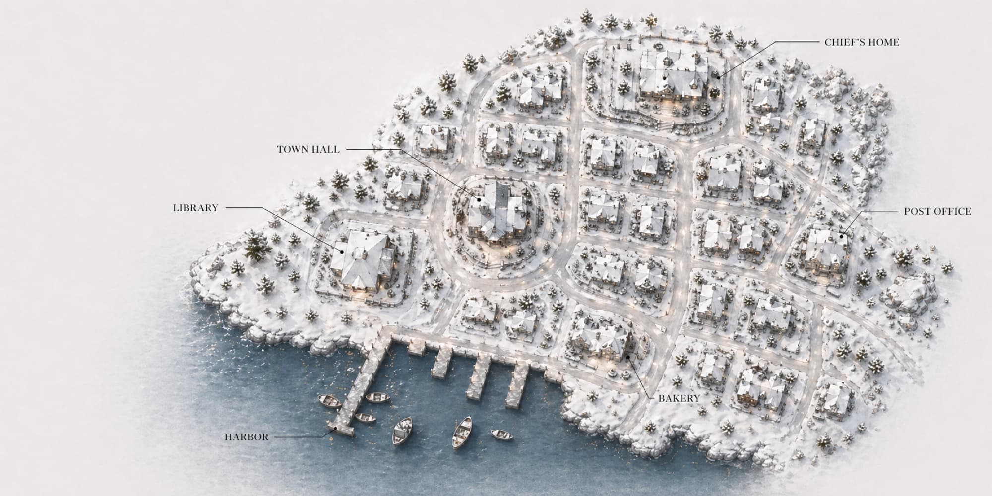 Illustrated map of Briefton in winter — Town Hall, Library, Chief's Home, Post Office, Bakery, and Harbor